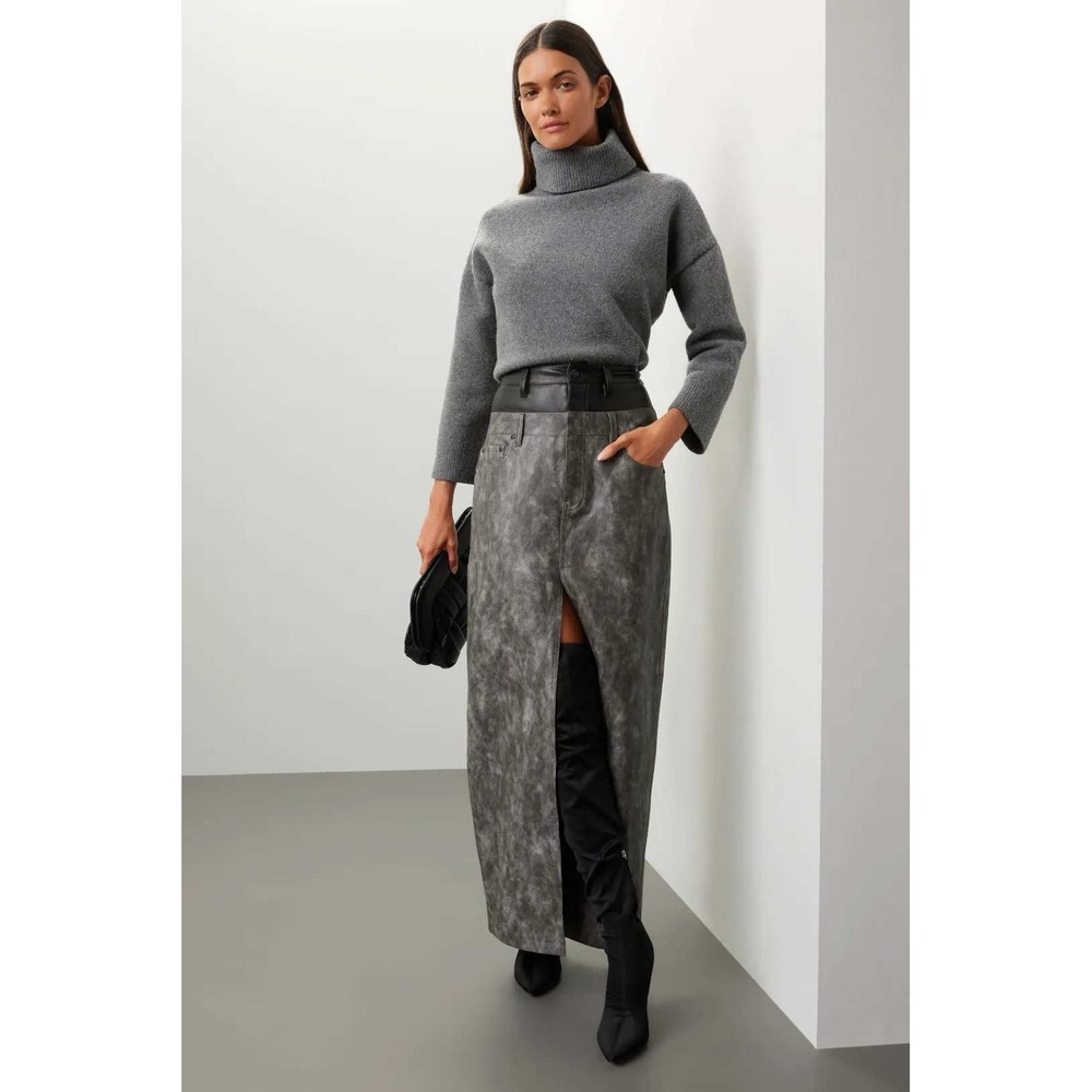 AFRM Grey Acid Wash Faux Leather Double Waistband Maxi Skirt Sz 30 Distressed